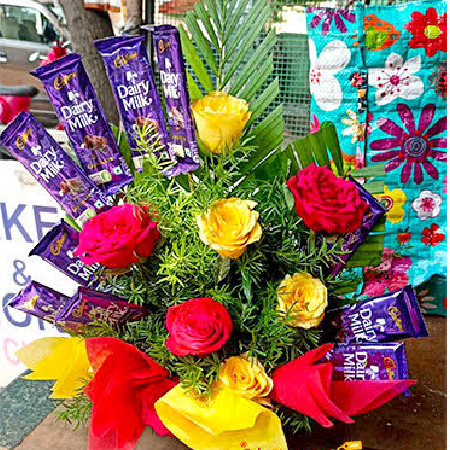 3 red 4 yellow 10 dairy milk chocolate bouquet delivery in siripuram Madhurawada Visakhapatnam Gajuwaka